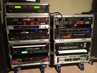 2 sennheiser G2 units with an antenna combiner, 2 x GCX audio switchers, Korg DTR-2, DCR-2SR, Quadraverb GT, ART SGX2K, RJM Midi interface, Theta Preamp, G-Major, Mosvalve 1160, VHT 2/90/2. For looks - the DJ AUDI light, shelf for cables. 1 Mid Atlantic power strip, 2 x FURMAN PL+ / 8 power conditioners...